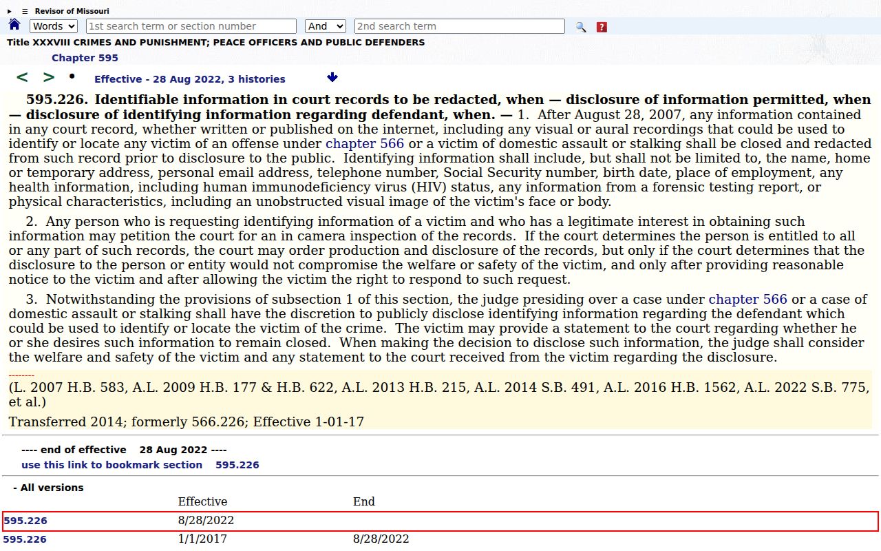 Lewis County criminal dockets Missouri Revised Statutes section 595.226