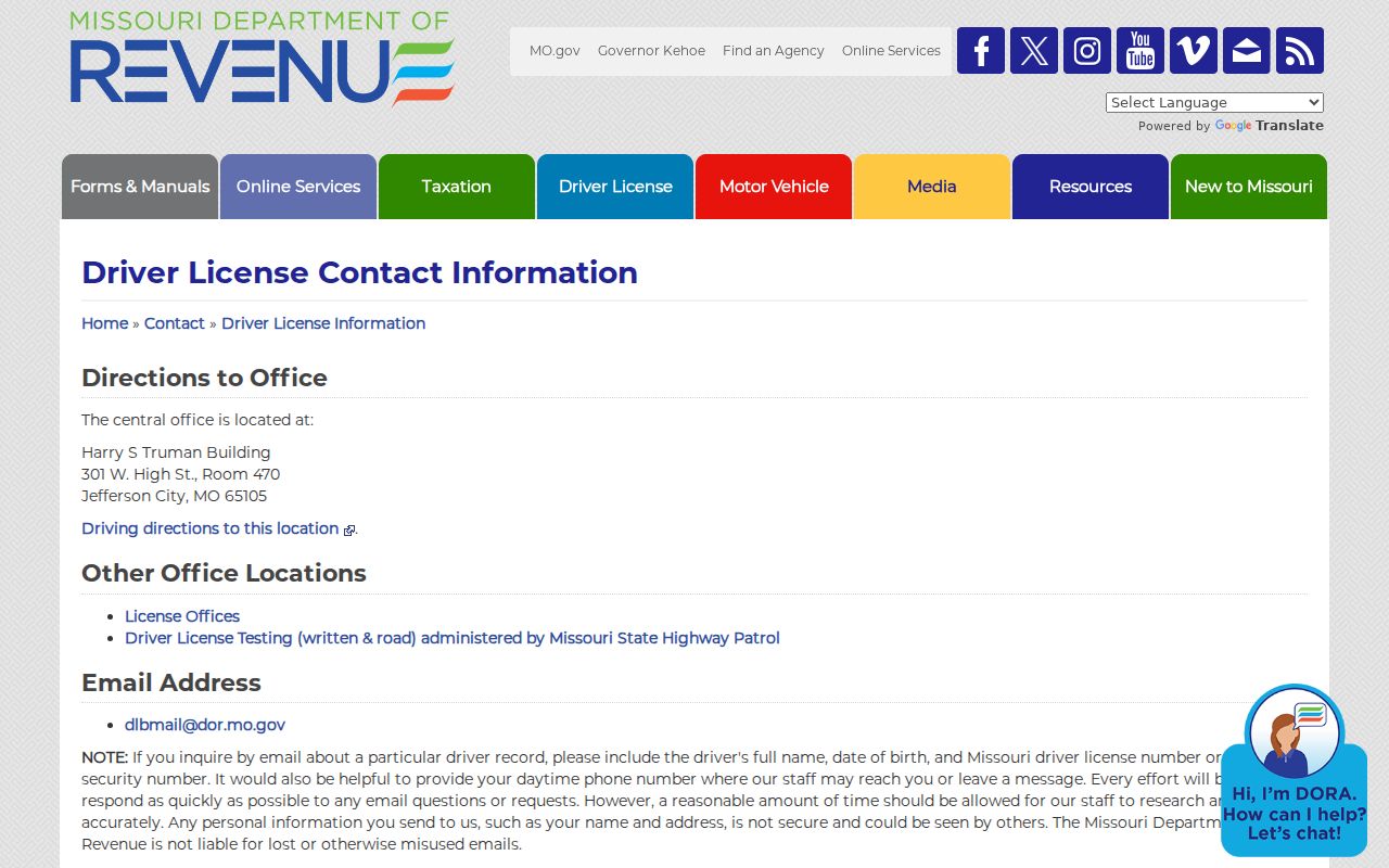 Lewis County traffic court source showing Missouri Department of Revenue contact routes